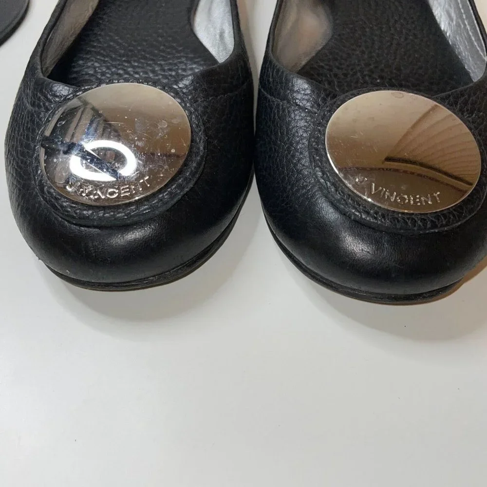 J VINCENT REFLECTION Ballet Flats Medallion Silver Leather Sz 6.5 Black Pebbled